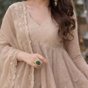 Elegant Beige Peplum Anarkali Set with Dupatta
