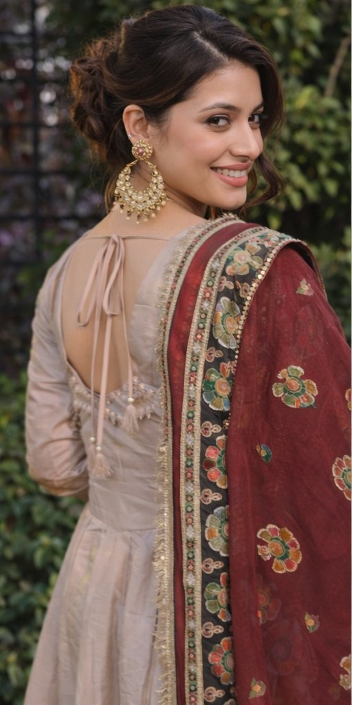 Beige Anarkali Suit with Designer Maroon Dupatta - Image 2