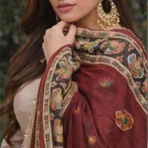 Beige Anarkali Suit with Designer Maroon Dupatta
