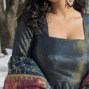 Royal Metallic Blue Anarkali Gown with Designer Dupatta
