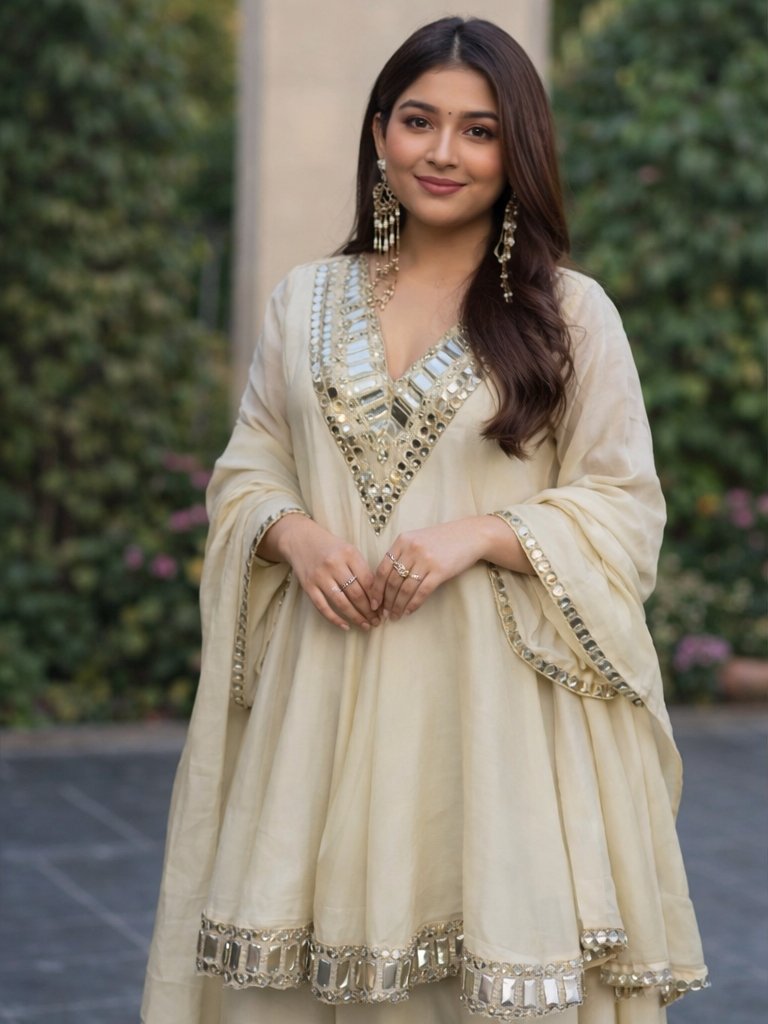 Elegant Cream Mirror Work Anarkali Set for Women - Image 2