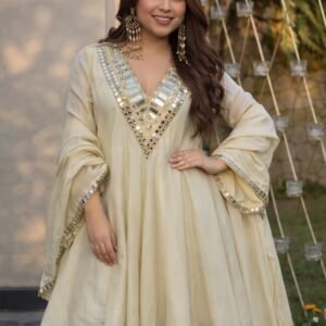 Elegant Cream Mirror Work Anarkali Set for Women