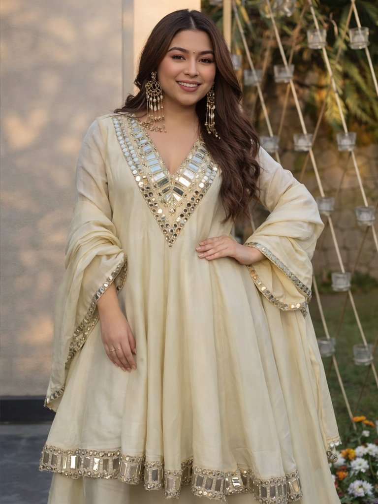 Elegant Cream Mirror Work Anarkali Set for Women