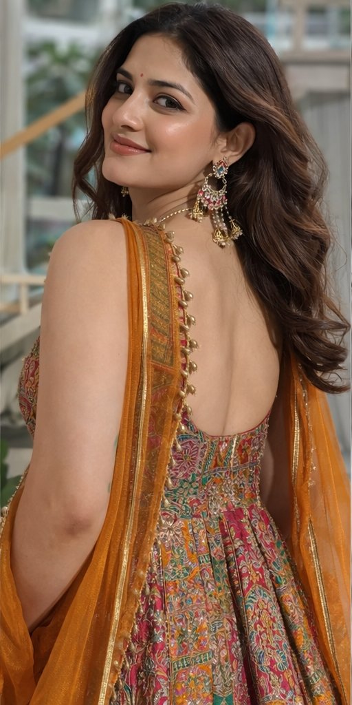 Traditional Multicolor Printed Anarkali Gown with Orange Dupatta - Image 3