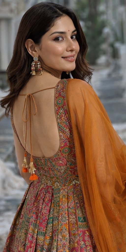 Traditional Multicolor Printed Anarkali Gown with Orange Dupatta - Image 2