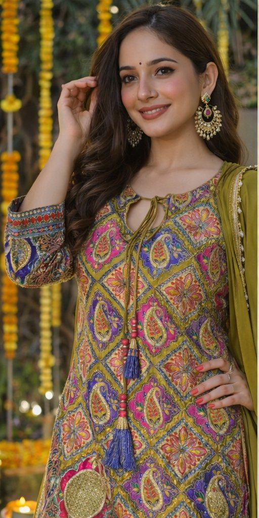 Designer Multicolor Printed Kurta Set with Olive Palazzo & Dupatta - Image 3