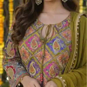 Designer Multicolor Printed Kurta Set with Olive Palazzo & Dupatta