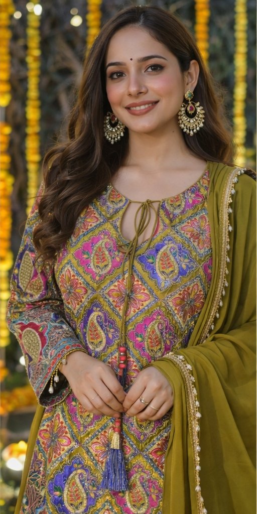 Designer Multicolor Printed Kurta Set with Olive Palazzo & Dupatta