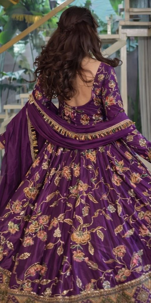 Royal Purple Floral Printed Anarkali Gown with Dupatta - Image 2
