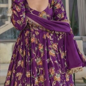 Royal Purple Floral Printed Anarkali Gown with Dupatta