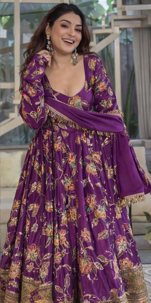 Royal Purple Floral Printed Anarkali Gown with Dupatta