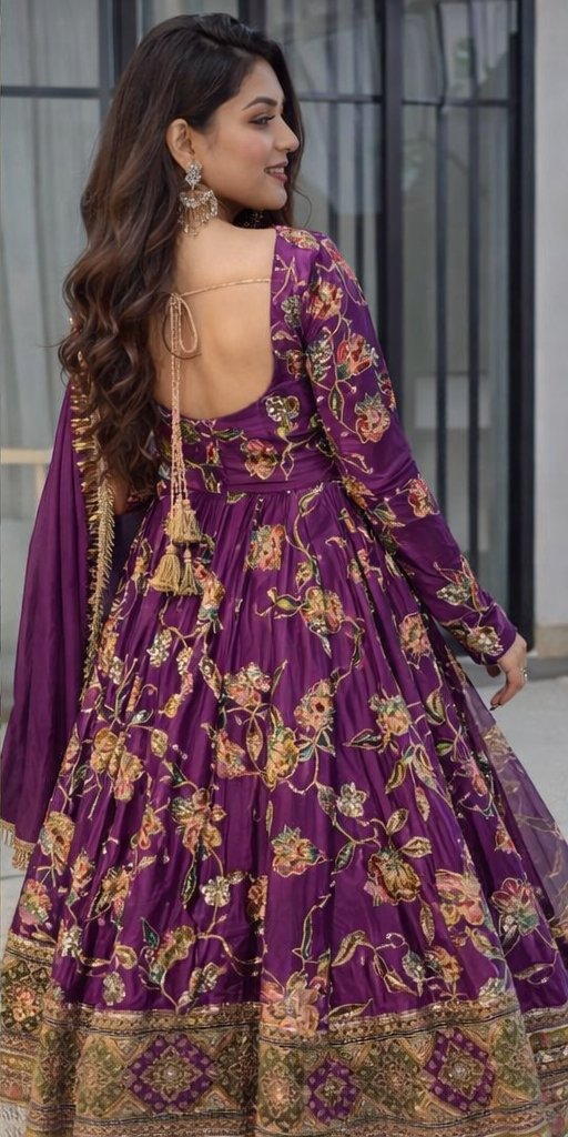 Royal Purple Floral Printed Anarkali Gown with Dupatta - Image 3