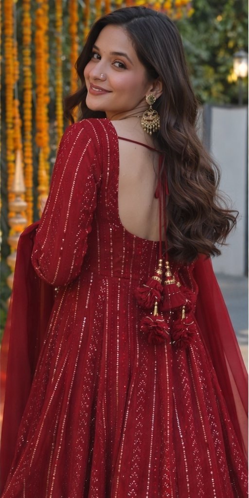 Royal Red Sequin Anarkali Gown with Dupatta - Image 3
