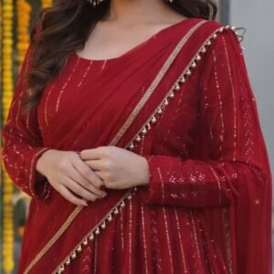 Royal Red Sequin Anarkali Gown with Dupatta