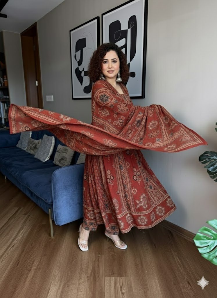 Rust-Maroon Print Anarkali Set with Flared Dupatta and Ethnic Trousers - Image 2