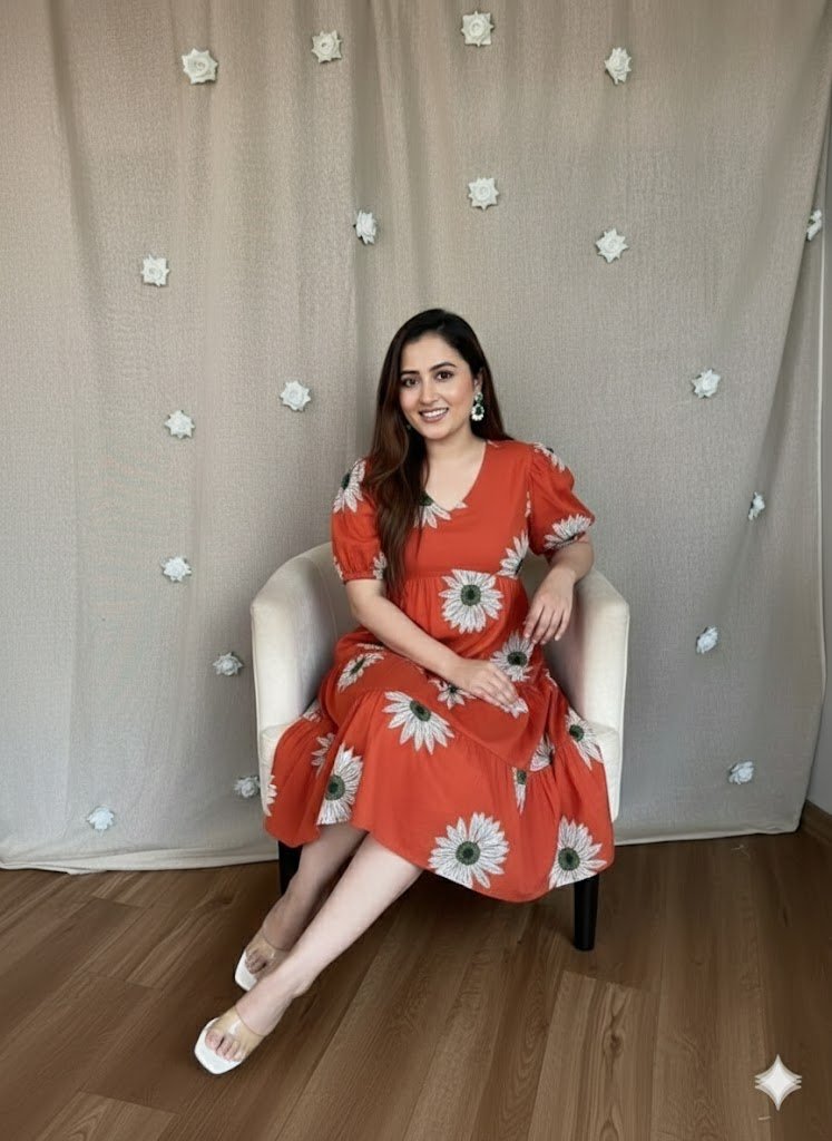 Sunflower Print Tiered Midi Dress with Puff Sleeves - Image 3