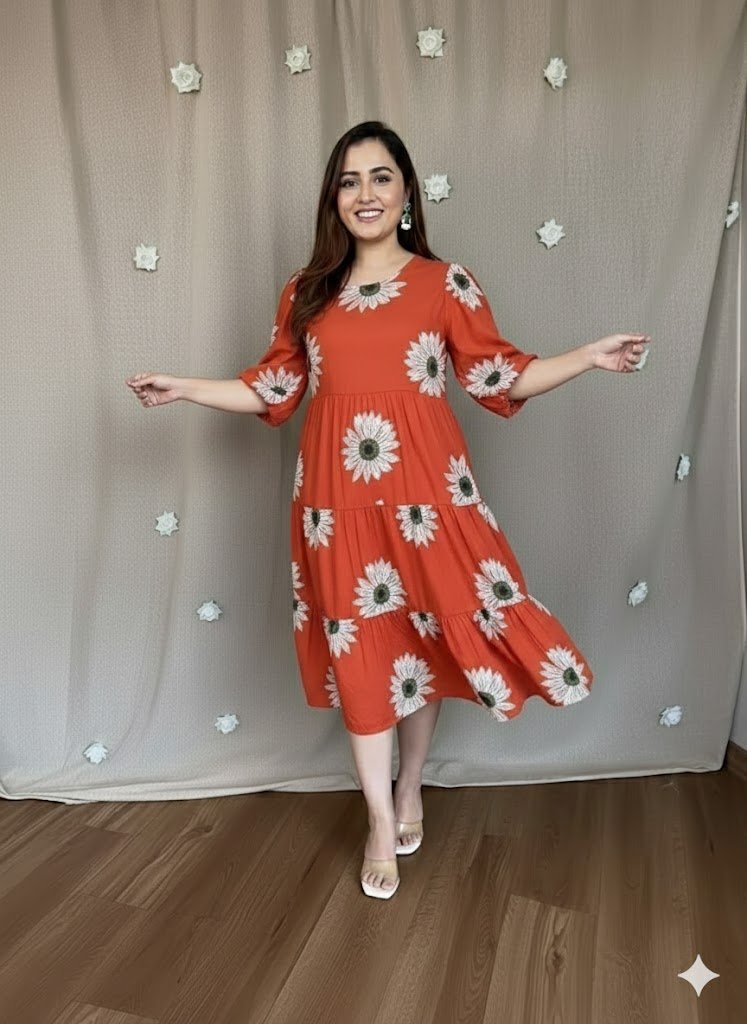 Sunflower Print Tiered Midi Dress with Puff Sleeves
