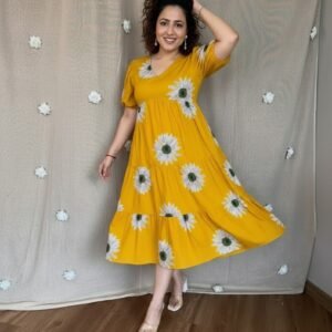 Yellow Sunflower Print Tiered Boho Midi Dress
