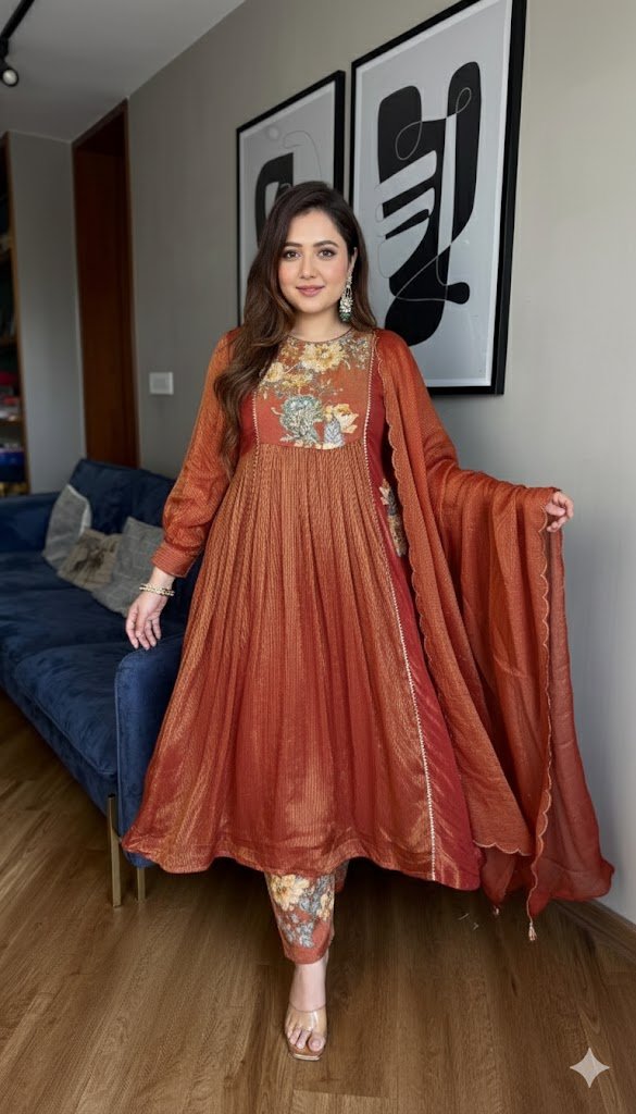 Orange Anarkali Kurta Set with Intricate