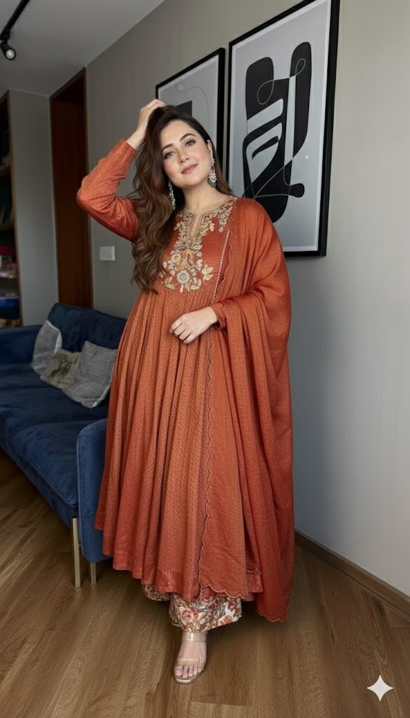 Orange Anarkali Kurta Set with Intricate - Image 2