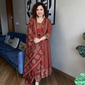Rust-Maroon Print Anarkali Set with Flared Dupatta and Ethnic Trousers