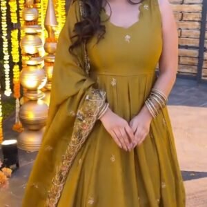 Mustard Green Anarkali Suit Set with Embroidered Dupatta