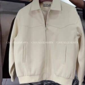 Men’s Cream Textured Bomber Jacket – Classic Collared Zip-Up