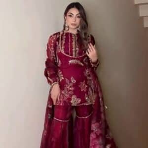 Red Organza Sequins & Mirror Boat Neck Sindoori Embroidered Kurta Sharara Set – Regal Festive Elegance