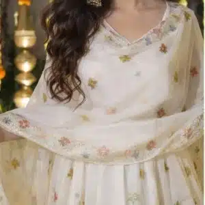 White Floral Embroidered Anarkali Suit with Dupatta | Festive & Wedding Wear for Women